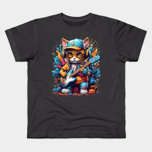 Colorful Guitar Playing Chibi Kitty Design Kids T-Shirt